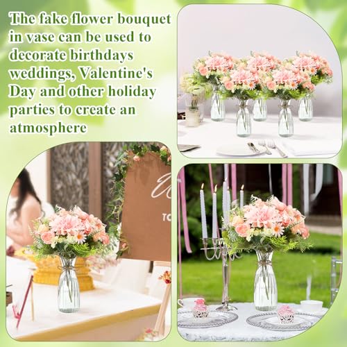 Reallnaive 30 Pack Artificial Flowers with Vase Bulk, 20 Bundles Silk Floral Bouquet 10 Clear Vase with 1 Pcs Rope, Mason ...