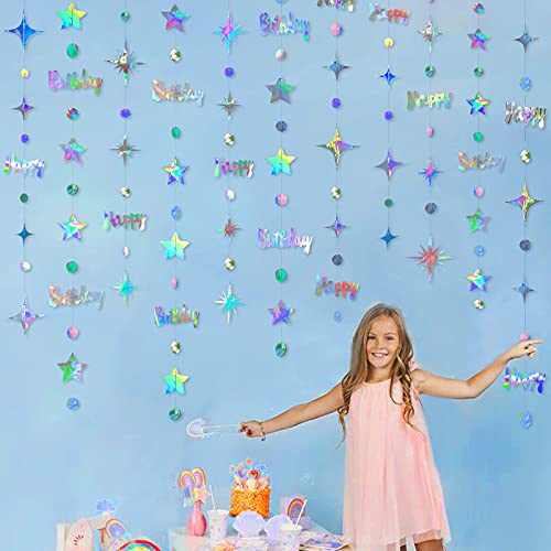 Iridescent Happy Birthday Decorations Happy Birthday Circle Dot Twinkle Star Garland Kit Metallic Holographic Hanging Stre...