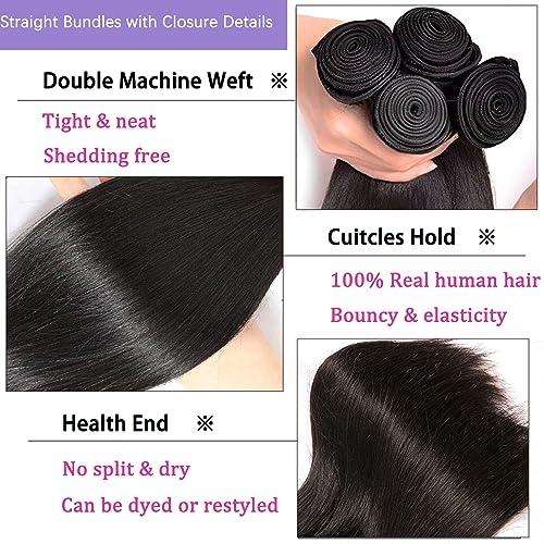 Straight Bundles with Closure (18 20 22+16 Inch) 100% Unprocessed Brazilian Remy Hair Weave 3 Bundles with 4x4 HD Lace Closure Free Part Natural Black Color Hair Extensions for Women