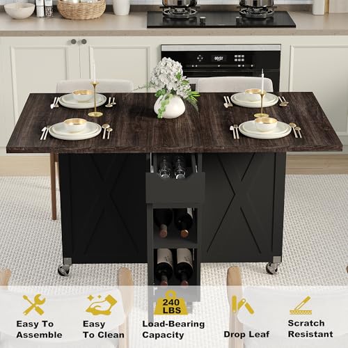 BHAODEAL Space Saving Folding Dining Table with 2 Tier Storage-Extendable Drop Leaf Farmhouse Wood Kitchen Dining Room Tab...