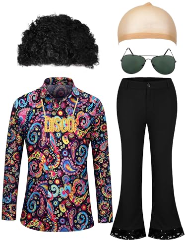 Mepase 6 Pcs Men 70s Disco Costumes Include Retro Shirt Bell Bottom Pants Wig Sunglasses Necklace Wig Cap for Disco Party