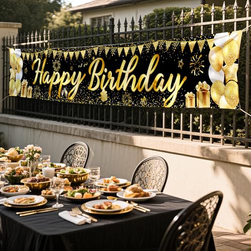 Happy Birthday Banner - Black and Gold Happy Birthday Decorations,118x20 Reusable Birthday Decorations for Women Men Boys ...