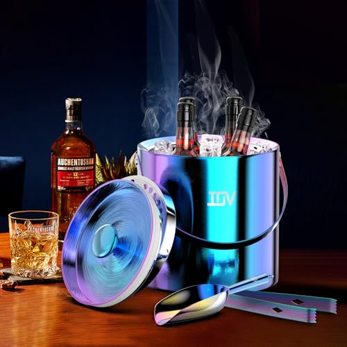 IOV Ice Bucket with Lid, Scoop, Tongs, and Strainer, 3 L Stainless Steel Double Wall Insulated Ice Bucket for Parties, Kee...