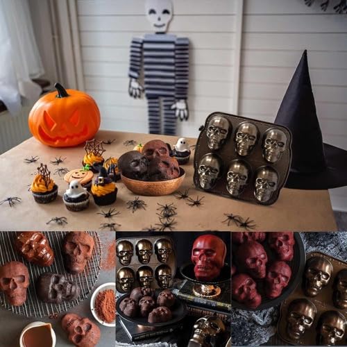 GUOFHUIM Halloween Skull Mold, Haunted Skull Cakelet Pan Skull Molds for Baking Skull Cake Pan Aluminum 3D Halloween Skull Baking Pan