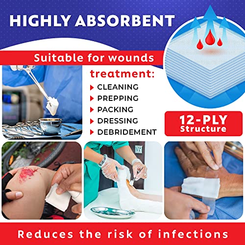 100pc Large Sterile Gauze Pads 4x4 Sterile for Wounds Bulk - 12ply Woven Gauze Sponges 4x4 Sterile - USP IV Breathable Mes...