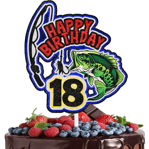 Fishing Cake Topper 18th Birthday Happy Bass Big Fish Decorations, Lake Adventure Fishing Rod Theme Birthday Party for Men...