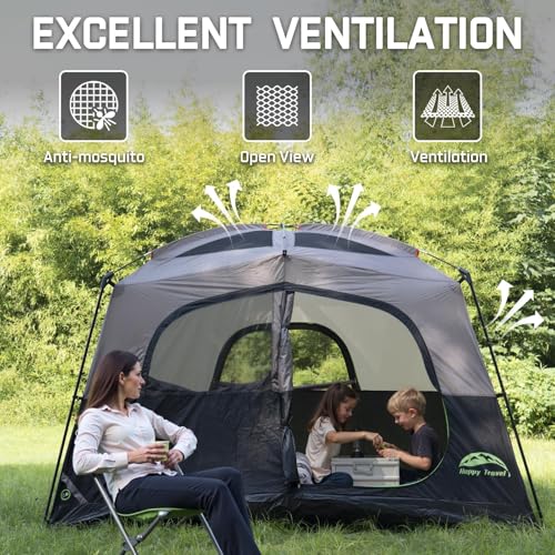 Happy Travel Tent 6 Person Tents for Camping, Waterproof Easy Setup Camping Tent with Rainfly, Portable Large Family Cabin...