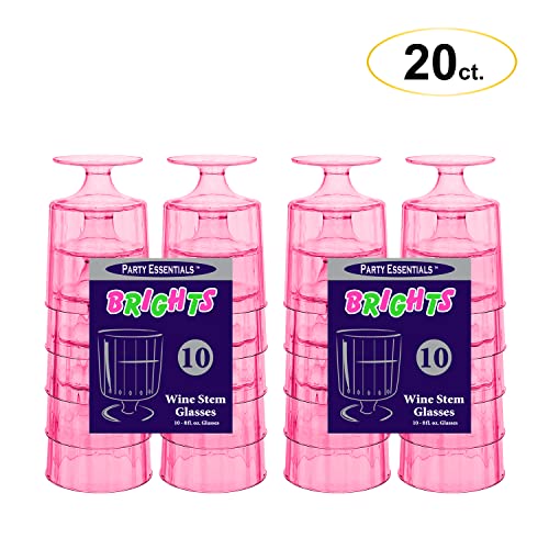 Party Essentials N820029 Hard Plastic One Piece 8-Ounce Wine Glasses, Neon Pink, 20 Count