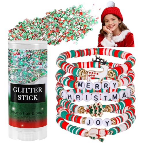 Mysense Christmas Glitter Stick for Face Hair Body and 6 Pack Joy & Merry Christmas Bracelets Set,Christmas Accessories fo...