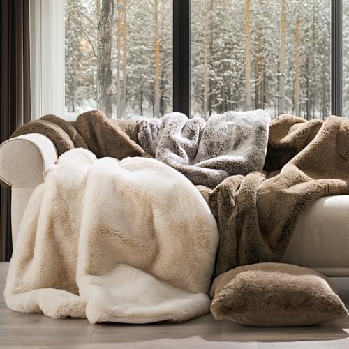 EVERGRACEHOME Luxury Soft Faux Chinchilla Fur Throw Blanket for Couch, Warm Thick Heavy Winter Throw Blanket 1220GSM for B...