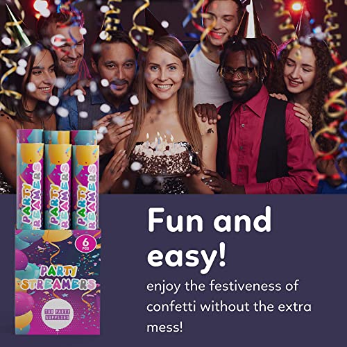 No Mess Streamer Confetti Cannon Party Poppers | 6 Pack | Multicolor Streamers | Glitter Bomb Confetti Shooters | Decorati...