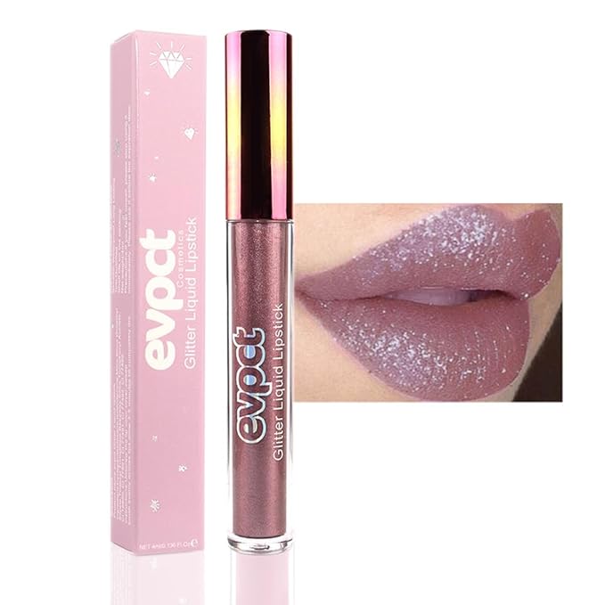 evpct 1Pcs Taupe Mauve Glitter Metallic Shimmer Diamond Lipstick Lip Gloss Stain Set for Women Long Lasting Waterproof, Ma...