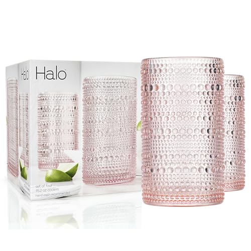 Glaver's Hobnail Drinking Glasses, Pink Vintage Glassware Set, Beaded Drinking Glasses, Set Of 4 15 oz Cocktail Glass Set,...