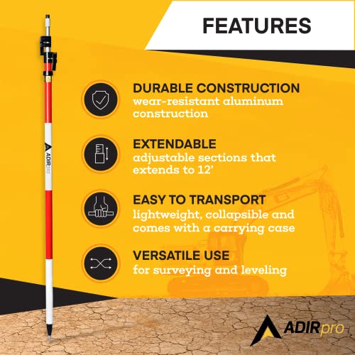 AdirPro Aluminum Prism Pole - Telescopic 12’ (3.7m) – Fixed Adapter Tip – Quick Release Clamp - Metric Graduation - Strong...