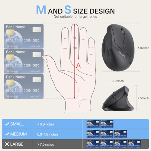 Philips Ergonomic Mouse - Vertical Mouse with 800/1200/1600 Adjustable DPI, 6 Silent Buttons Design for S/M Hands, Auto Po...