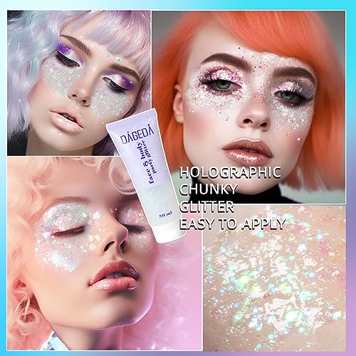 DAGEDA Body Glitter Gel, Face Glitter Body Gel Sequins Shimmer Liquid Eyeshadow, Chunky Glitter for Face Hair Nails, Holog...
