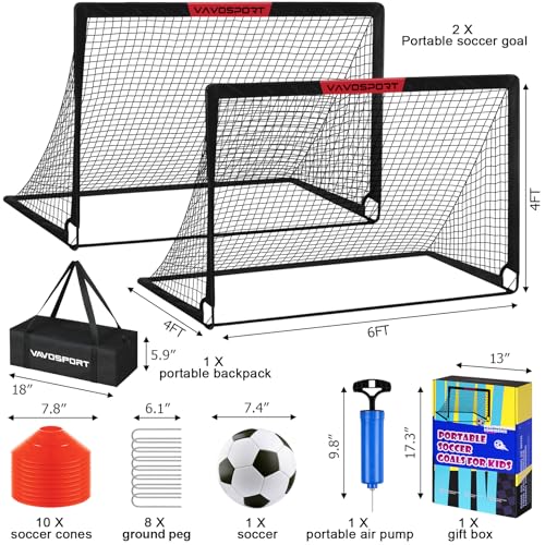 VAVOSPORT Soccer Goal, 2 of 6'x4' Kids Soccer Goals for Backyard Set, Portable Pop Up Soccer Net, Practice Soccer Training...