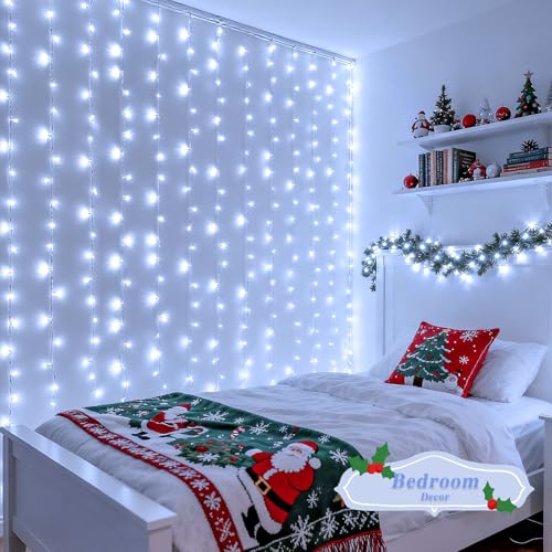 JMEXSUSS 200 LED Fairy Curtain Lights Battery Operated & USB Plug in - Remote Curtain String Lights for Bedroom with 8 Mod...