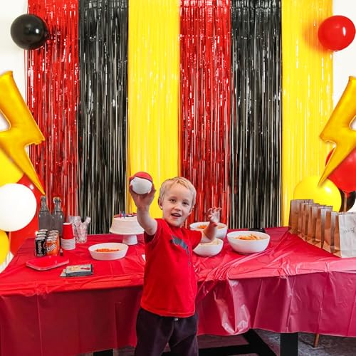 Cartoon Monster Birthday Party Decoration, 4 Pack Animation Themed Photo Booth Prop, Red Black Yellow Foil Fringe Curtains...
