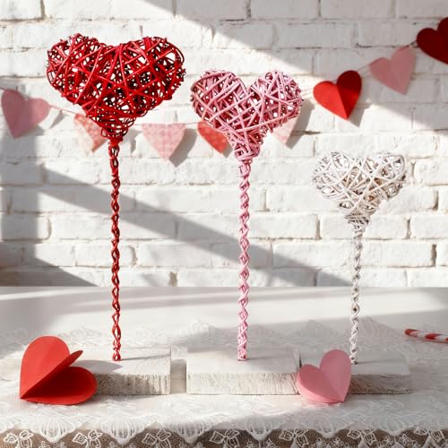 Thyle 3 Pcs Valentines Day Rustic Heart Table Sign Decor Rattan Woven Handmade Love Tall Standing Heart Block Set for Home...