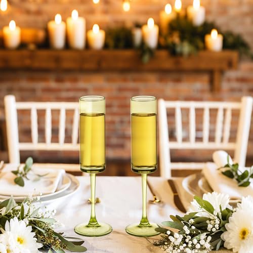 6 Pieces Green Champagne Flutes 6 OZ Straight Sided Wine Glasses Champagne Long Stem Drinking Colored Glasses,Set of 6 Han...