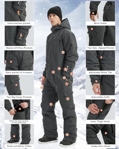 SNBOCON Mens One Piece Ski Suit Snowsuits Colorful Snowboard Jumpsuits Waterproof Hooded Warm Jackets Outdoor Winter