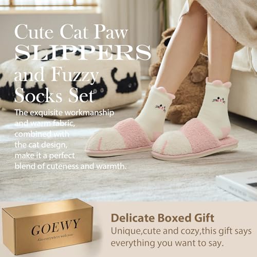 GOEWY 2 Pairs Cat Paw Slippers and Fuzzy Cute Socks Gift Set for Women House Slippers with Memory Foam Warm Cozy Socks