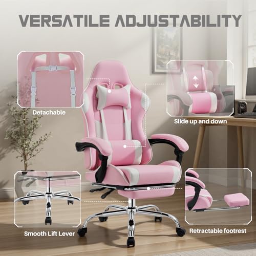 DUMOS Ergonomic Gaming Office Desk Chair with Footrest and Headrest for Adults, PU Leather Video Computer Chair with Linka...