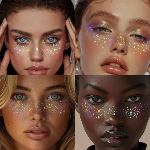 HOSAILY 6 pcs Holographic Glitter Freckles Face Tattoo, Waterproof Sparkle Body Glitter Speckles Patches for Women, Cute S...