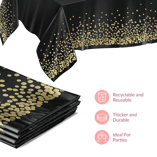 Prestee 4 Pack Gold and Black Table Cloth Rectangle Table Covers 54 x 108 Inches - Plastic Table Cloth Disposable for Part...
