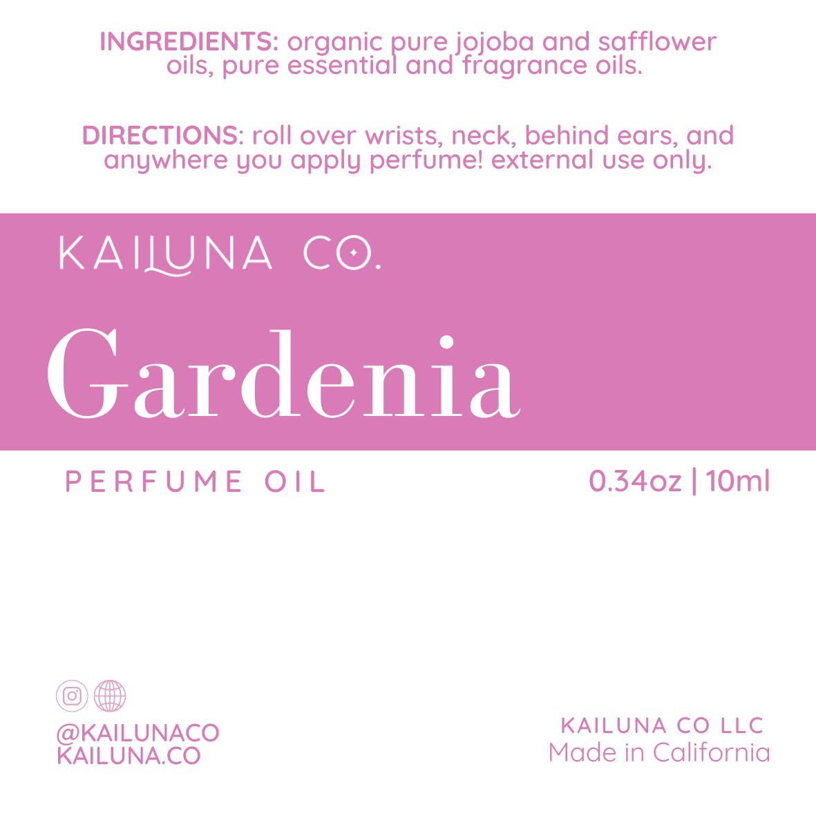 Kailuna Co. Gardenia Delicious Pure Essential and Fragrance Oil Perfume Roll On with Organic Jojoba Oil, Alcohol Free, Small-Batch, Made in California, 0.34 Fl Oz