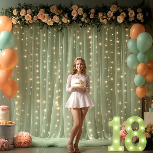 10x10FT Green Wrinkle Free Backdrop Curtains with Lights String for Parties - Photo Curtain Backdrop with Lights for Weddi...