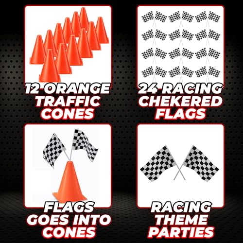 Bedwina Race Car Birthday Party Decorations - (36 Pcs) 12 - 8-Inch Orange Mini Cones for Kids & 24 Black & White Checkered...