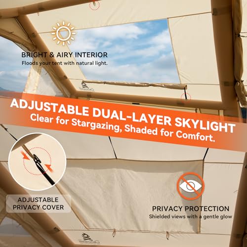 4 Person Inflatable Tent with Stove Jack & Canopy, 4 Season Glamping Air Tent with Panoramic Skylight, AC & Power Port, Wa...
