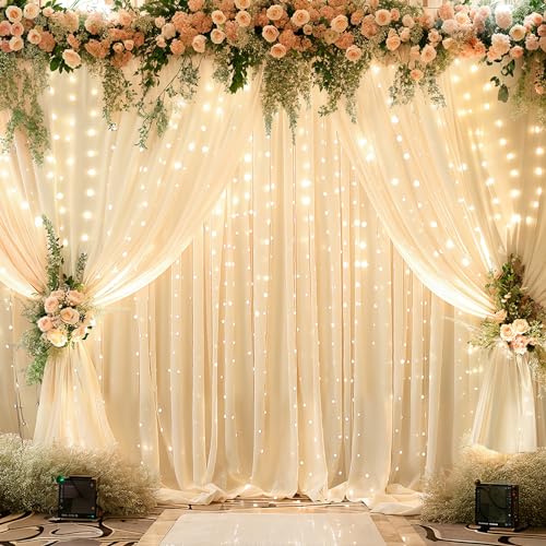 10x10ft Champagne Backdrop Curtains with Lights Wrinkle Free Fabric Backdrop Curtain for Wedding Birthday Party Baby Showe...