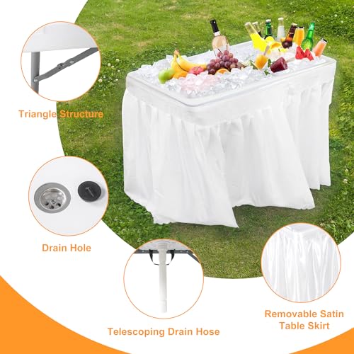 Allpop 4 Foot Folding Ice Cooler Table with Matching Skirt, Portable Patio Table with Grid Rack & Drain Hose for Party Bar...