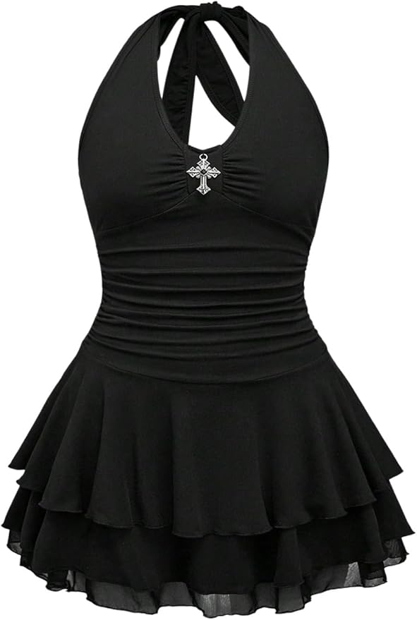 SHENHE Women's Plus Size Y2k Halter Tie Backless Ruched Layered Ruffle Grunge Punk Mini Dress