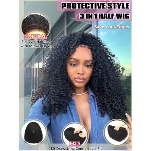 Burmese Curly Half Wig Human Hair 16 Inch 200% Density Invisible Flip Over Hairline Half Curly Wig Human Hair Headband Wigs for Black Women Drawstring Secure Fit Glueless Wigs Beginner Friendly