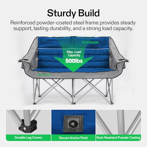 VIVOSUN Double Camping Chair, Fully Padded Folding Loveseat, Oversized Duo Chair with Cup & Wine Glass Holders, Pocket, Ar...