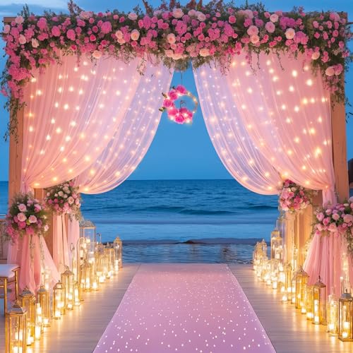 10x10FT Pink Wrinkle Free Backdrop Curtains with Lights String for Parties - Photo Curtain Backdrop with Lights for Weddin...