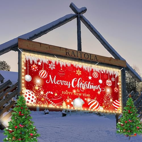 6x13ft Christmas Garage Door Cover Banner Decorations 2025 Happy New Year LED Light String Large Christmas Photo Backdrop ...