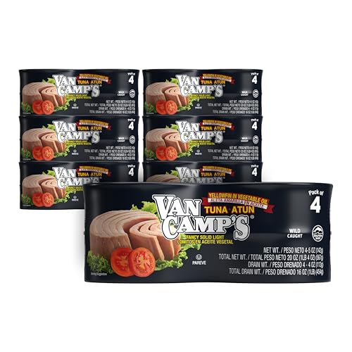 Van Camp's Seafood Solid Light Yellowfin Tuna in Oil, 4-5 oz. Cans (Pack of 6), Wild Caught Canned Tuna