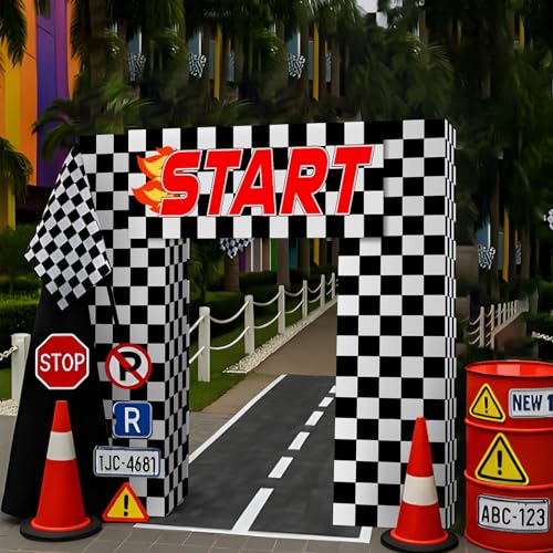 Saypacck 9 Pcs Race Car Birthday Party Decoration Checkered Flag Cardboard Kit Racing Theme 35.4 in Background 11.8 in Box...