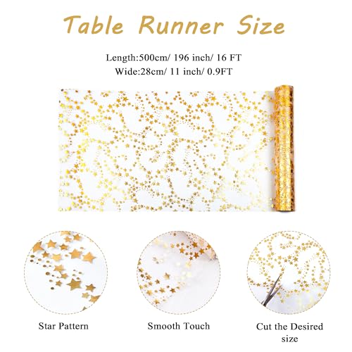 YATOJUZI Gold Table Runner,16 Ft Golden Star Sheer Chiffon Tulle Table Runner,Sequin Glitter Metallic Foil Gold Table Deco...