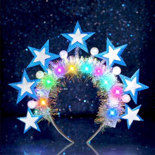 Urieo Light Up Star Headband Led Pearl Halo Headpiece Glow Rave Hair Accessories for Women