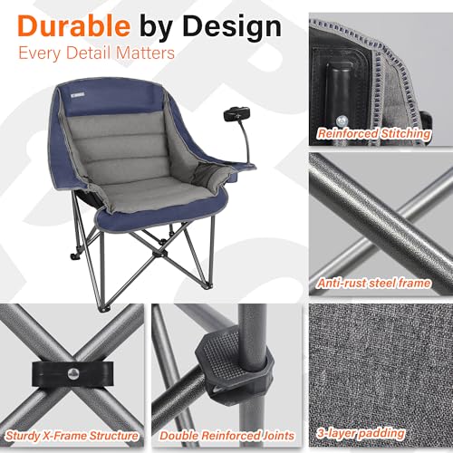 Camping Chairs for Adults-Oversized Extra Large Lawn Chair,Folding Comfy Padded Chair w/Phone Holder,Side Pocket,Cup Holde...