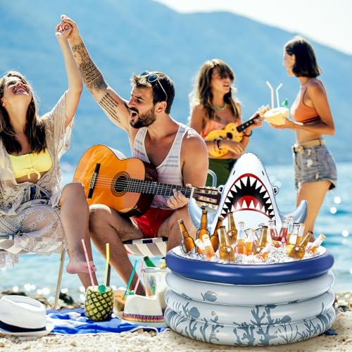 Bencailor Shark Party Decorations Summer Birthday Inflatable Cooler Blow Up Drink Cooler Reusable Floating Ice Chest Summe...