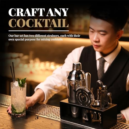 Mixology Bartender Kit with Stand - 15 Piece Bar Tool Set, Silver Bar Set Cocktail Shaker Set for Drink Mixing - Includes ...