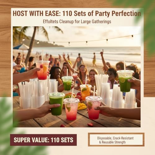 Voatree 110 Packs 16oz Plastic Cups with Lids and Straws,Sturdy & Food Safe Disposable Coffee Cups,Clear Iced Cups For Cof...