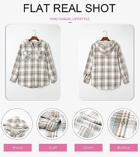Dokotoo Womens Plaid Shacket Jacket Long Sleeve Button Down Fleece Hooded Jackets Warm Coat